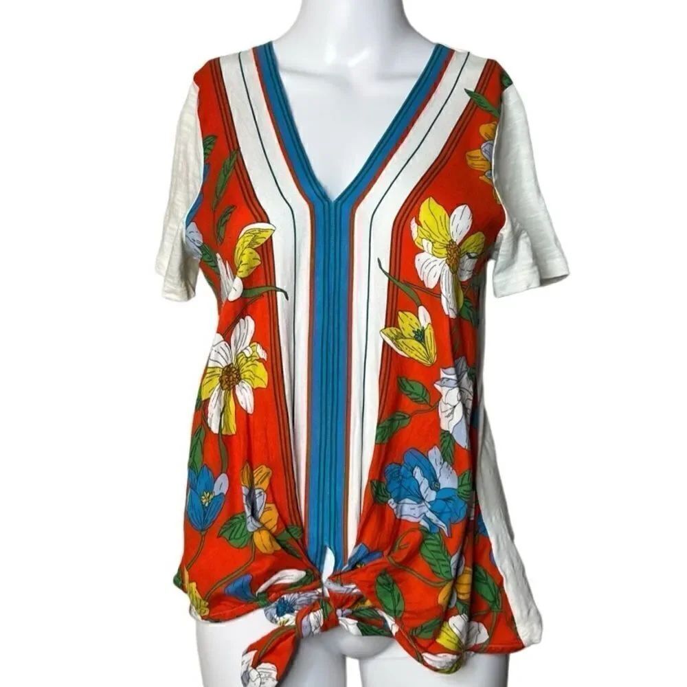 Anthropologie Short Sleeve Front Tie Casual Shirt Red Orange Size Small